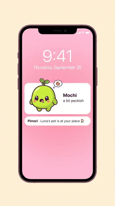 A phone lock screen with a Pimori widget saying a bit peckish